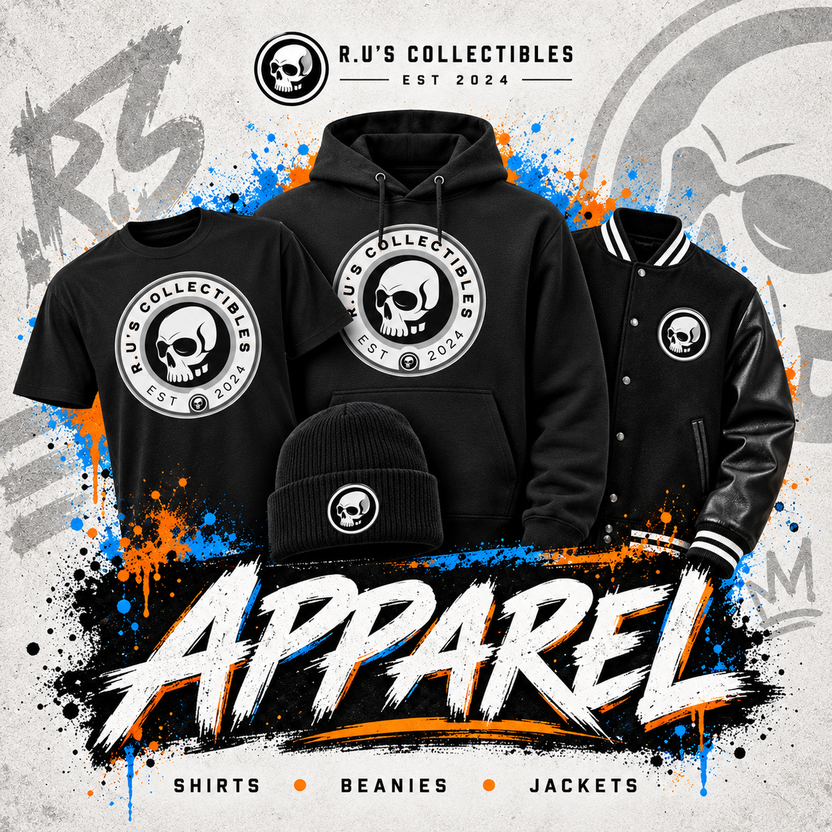R.U's Collectibles apparel: branded shirts, beanies, hoodies and jackets