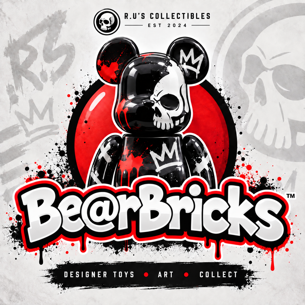 R.U's Collectibles Bearbricks category artwork, black-and-red designer bear figure