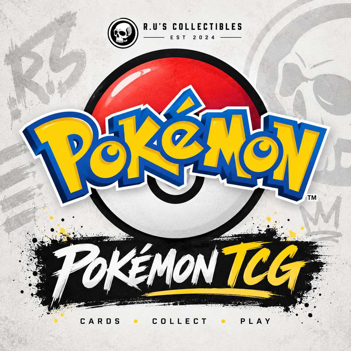R.U's Collectibles Pokémon TCG category artwork with Pokémon wordmark and Poké Ball graphic