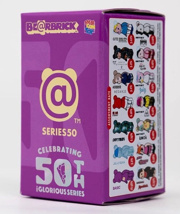 Actual item: angled view of sealed BE@RBRICK Series 50 blind box showing assortment panel