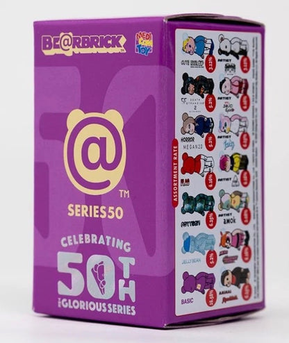 Actual item: angled view of sealed BE@RBRICK Series 50 blind box showing assortment panel