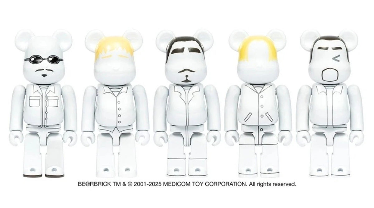 Reference promotional image showing the five Backstreet Boys 100% BE@RBRICK designs; not a photo of the actual figures removed from the box