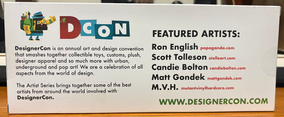 Actual box rear showing featured artists Ron English, Scott Tolleson, Candie Bolton, Matt Gondek and M.V.H.