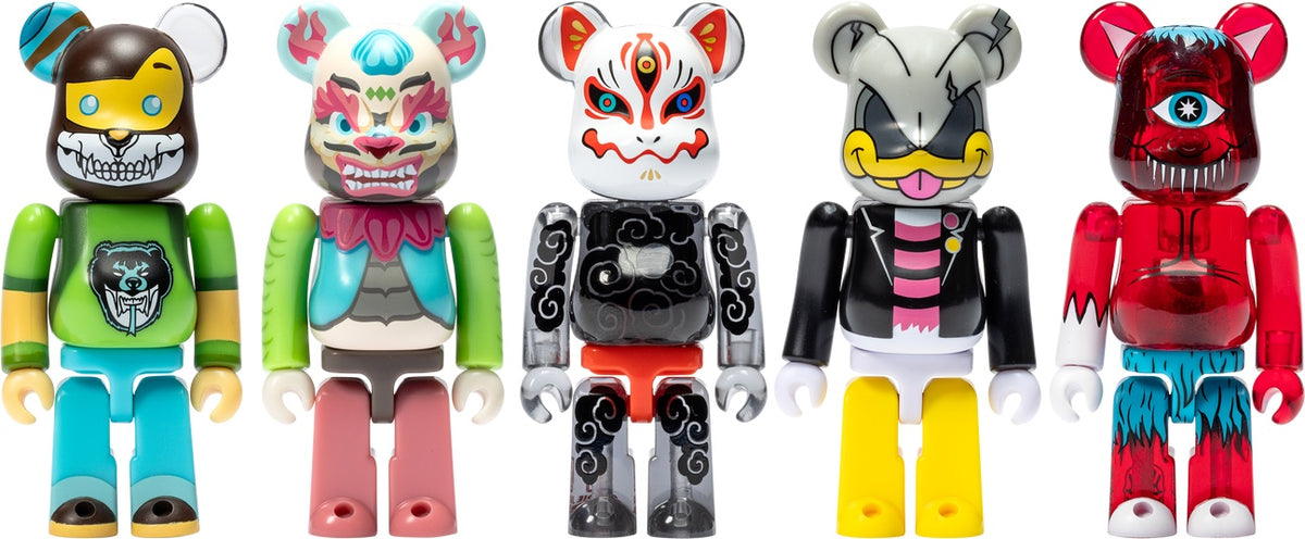 Reference image of all five DesignerCon Artist Series Six 100% BE@RBRICK designs; not a photo of this actual set outside its packaging