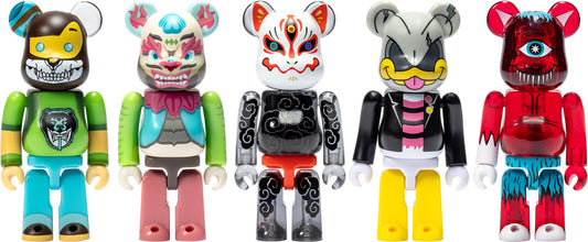 Reference image of all five DesignerCon Artist Series Six 100% BE@RBRICK designs; not a photo of this actual set outside its packaging